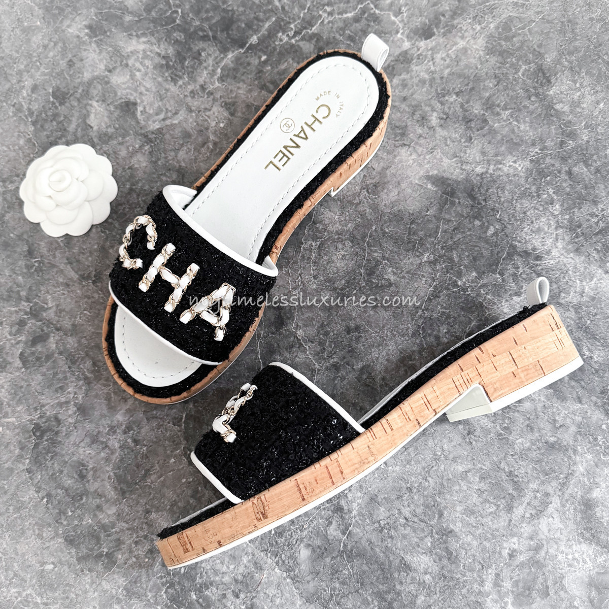 CHANEL 'CHA NEL' Interlaced Chain Logo & Tweed Sandals 39 *New