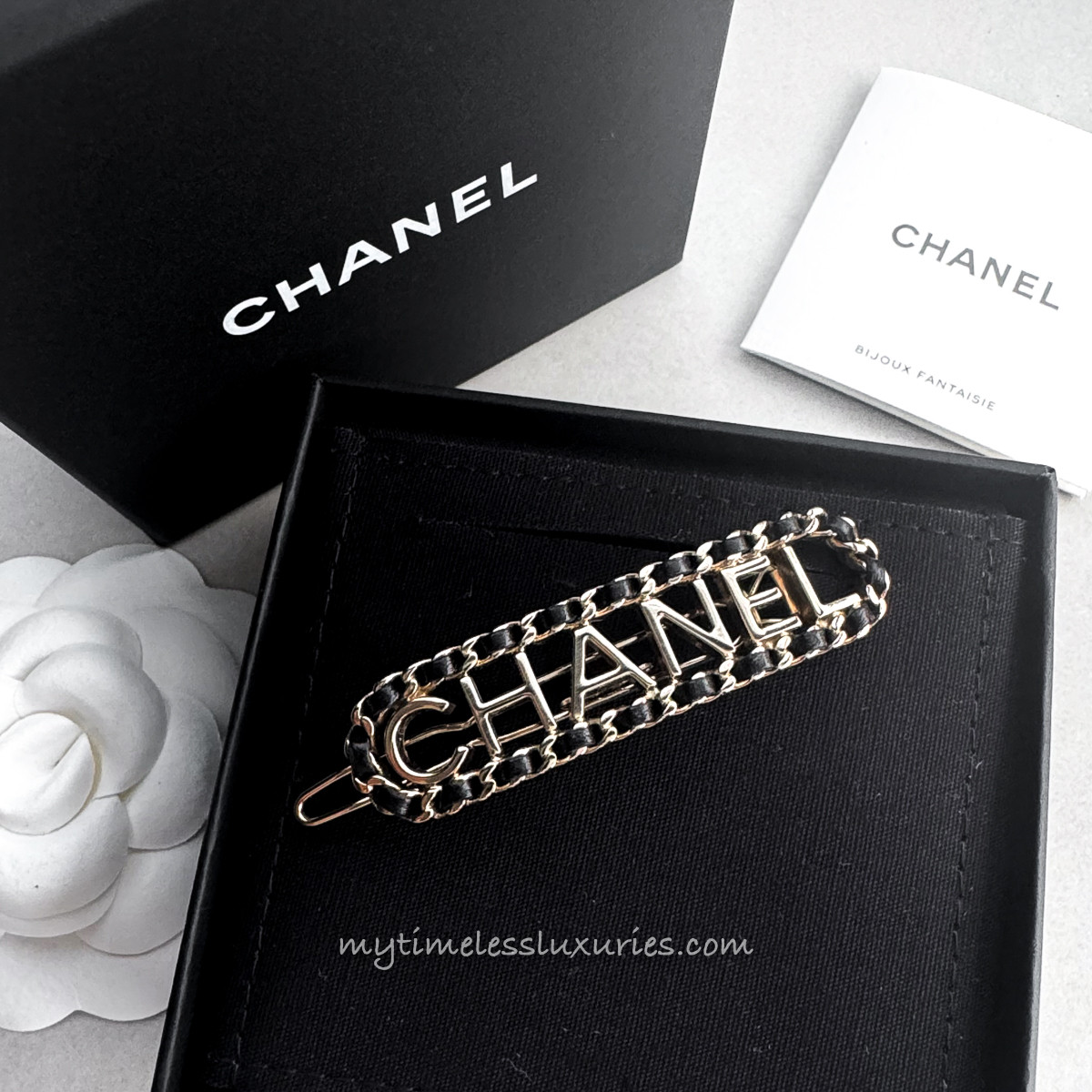 CHANEL Interlaced Chain & Leather Letter Logo Hair Clip - Timeless
