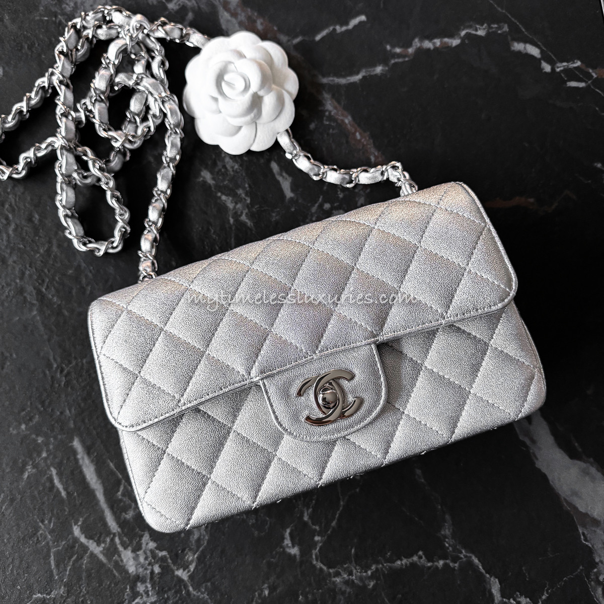 CHANEL 21P Iridescent Silver Mini Rectangle Flap Bag *New
