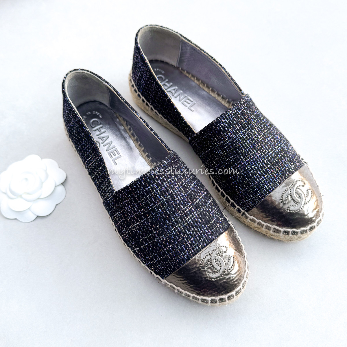 CHANEL Iridescent Tweed & Leather CC Espadrilles 36 *New