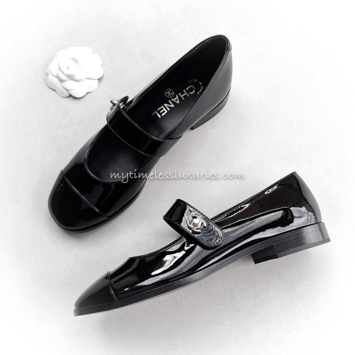 CHANEL Black Patent Mary Janes CC Turnlock 38 *New