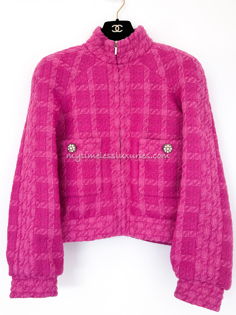 CHANEL 19K Pink Tweed Bomber Jacket 38