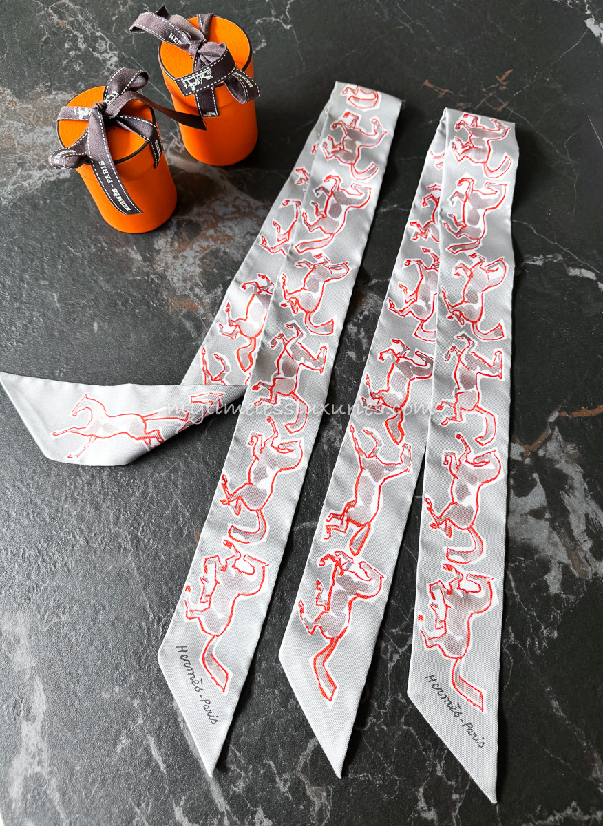 HERMES 'Chevaux en Liberte' Silk Twilly Scarves, Gris Perle, Set of 2