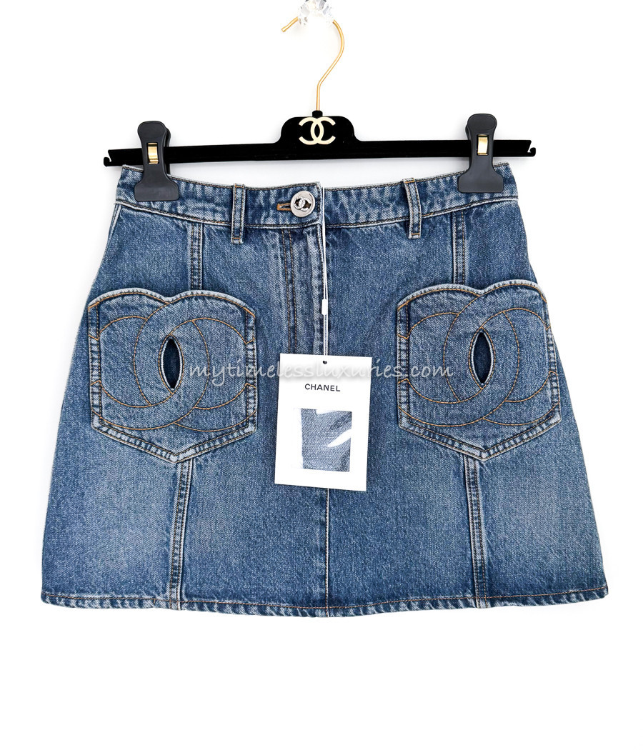 CHANEL 24P Denim Mini Skirt CC Heart Pockets 34 *New