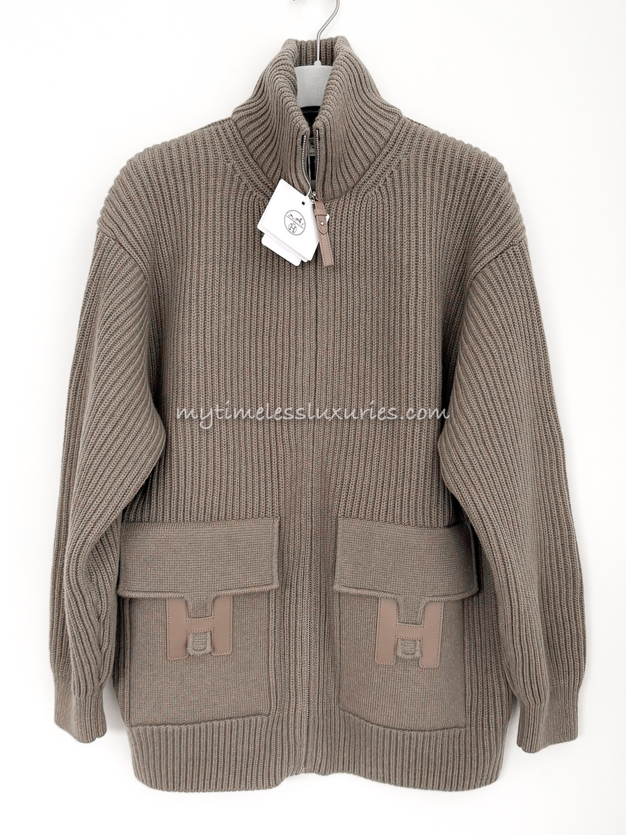 HERMES 2025 H Pocket Wool Knit Jacket 36 Gris Etoupe *New