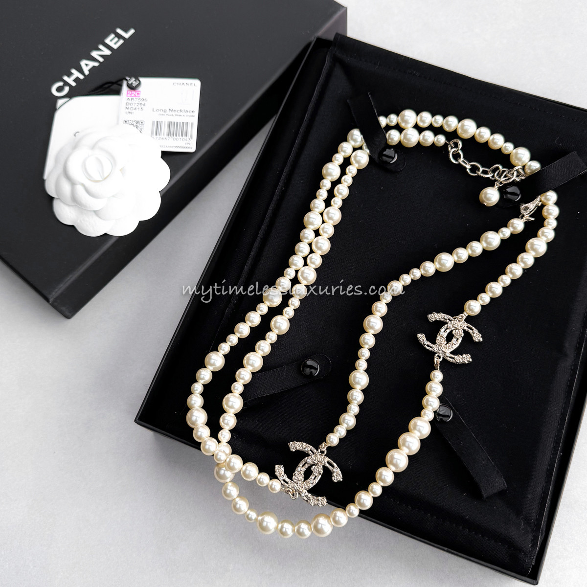CHANEL Camélia CC Logo Long Pearl Necklace *New