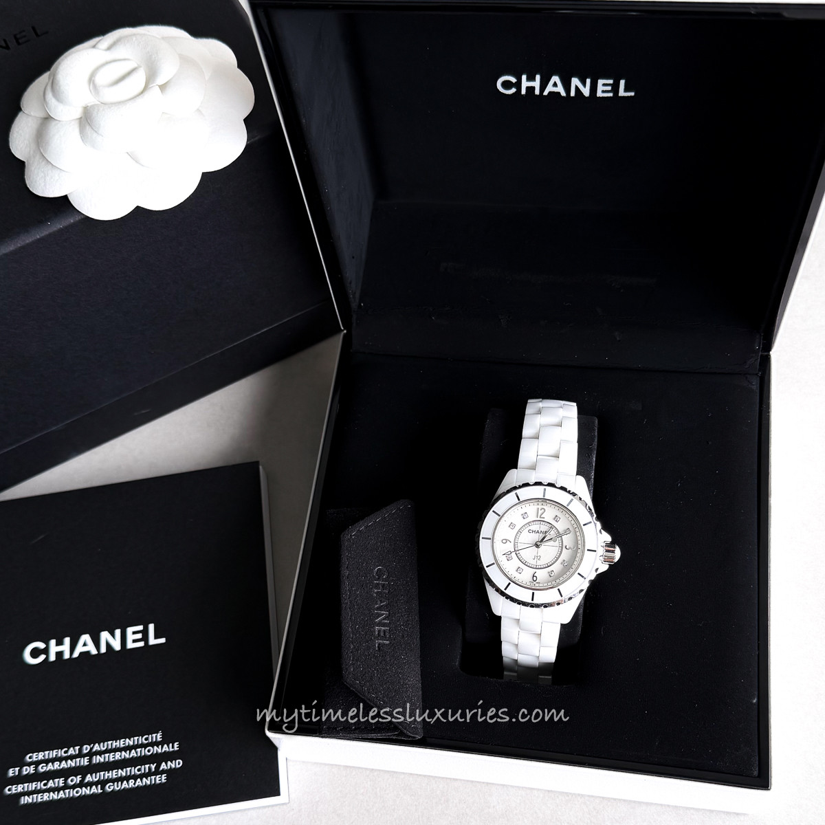 CHANEL J12 33mm Watch White Ceramic MOP Diamonds - Timeless Luxuries