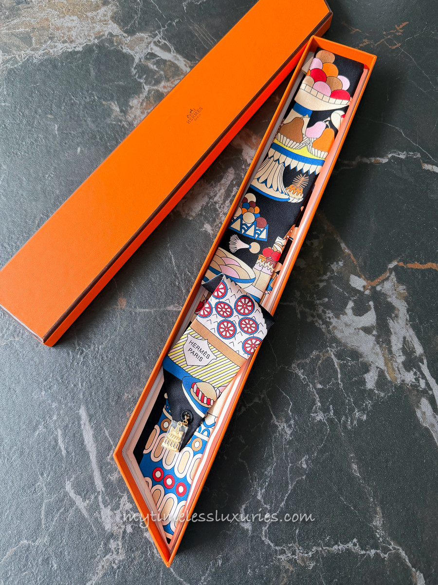 HERMES 'Le Patisserie Francaise' Silk Twilly Scarf w/Charm *New