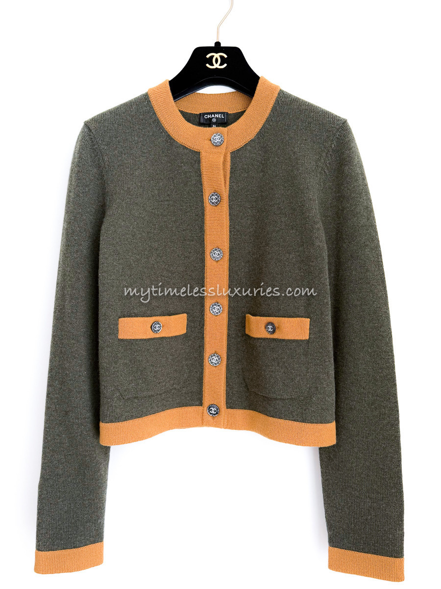 CHANEL 21K Two Tone Cashmere Cardigan Khaki/ Lt Orange 36