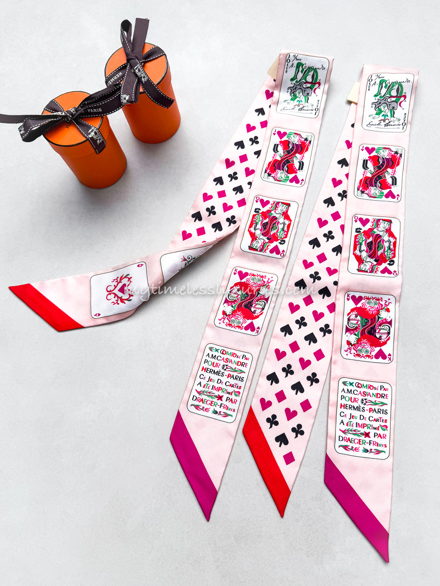 HERMES 'Jeu de Cartes' Twilly Scarves, Rose Nacre, Set of 2 *New