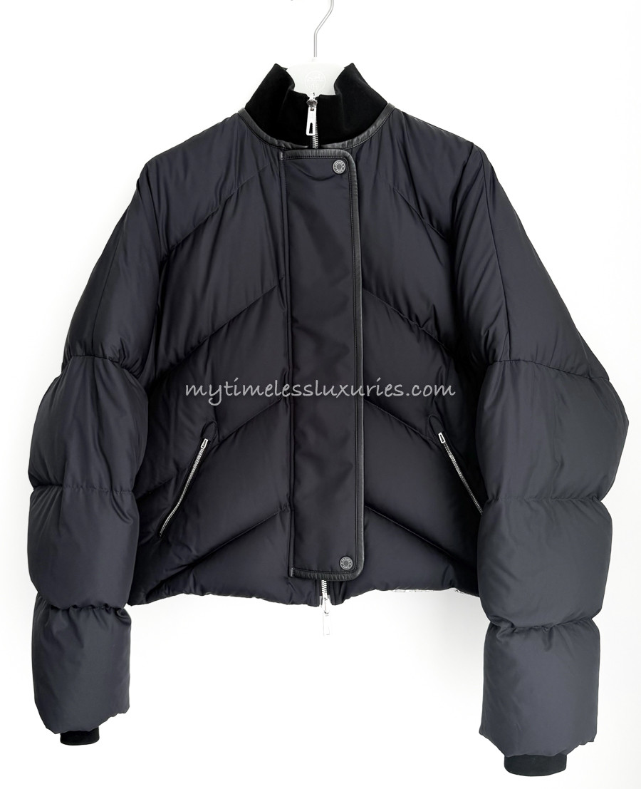 HERMES Reversible Puffer Jacket Leather Trim Bleu Noir/ Bolduc