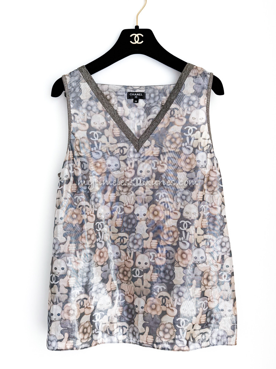 CHANEL 16K Choupette Emoji Print Iridescent Silk Top