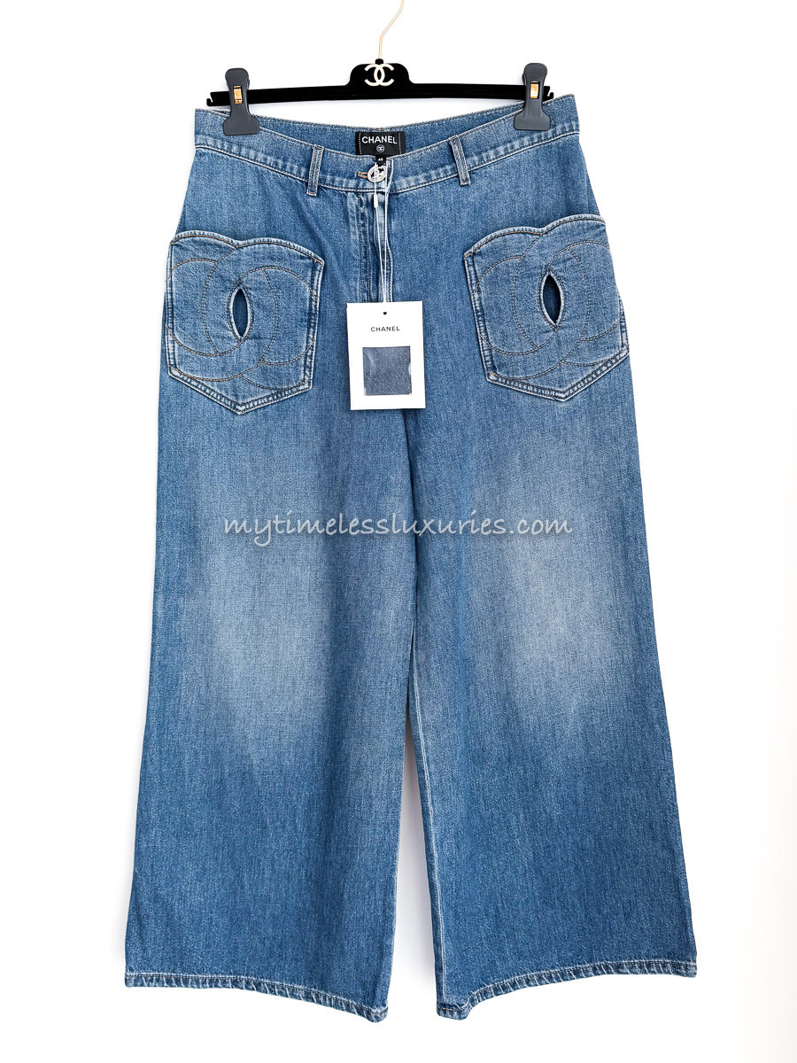 CHANEL 24P Wide Leg Cropped Jeans CC Heart Pockets 40 FR *New