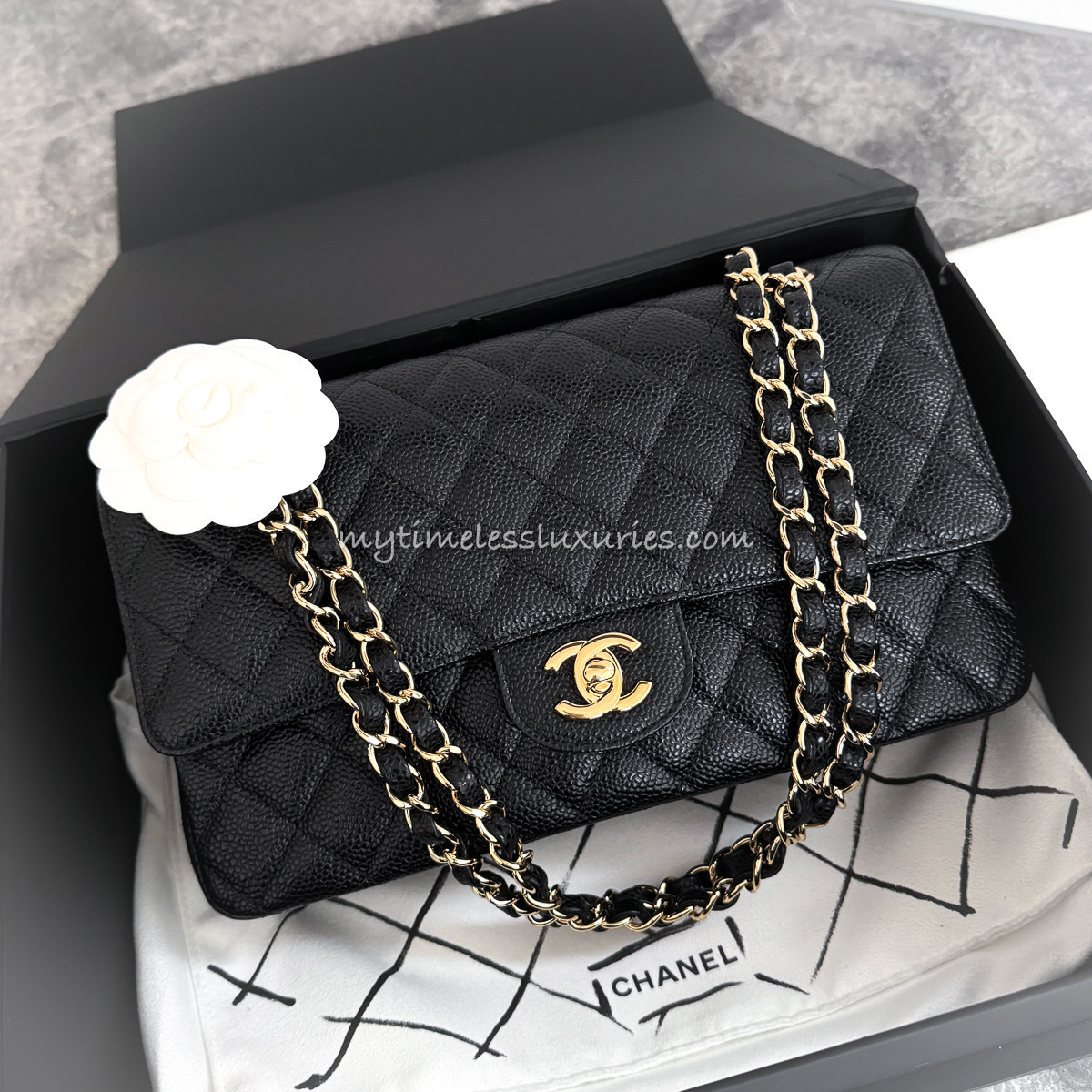 CHANEL Black Caviar Medium Classic Flap Gold Hw