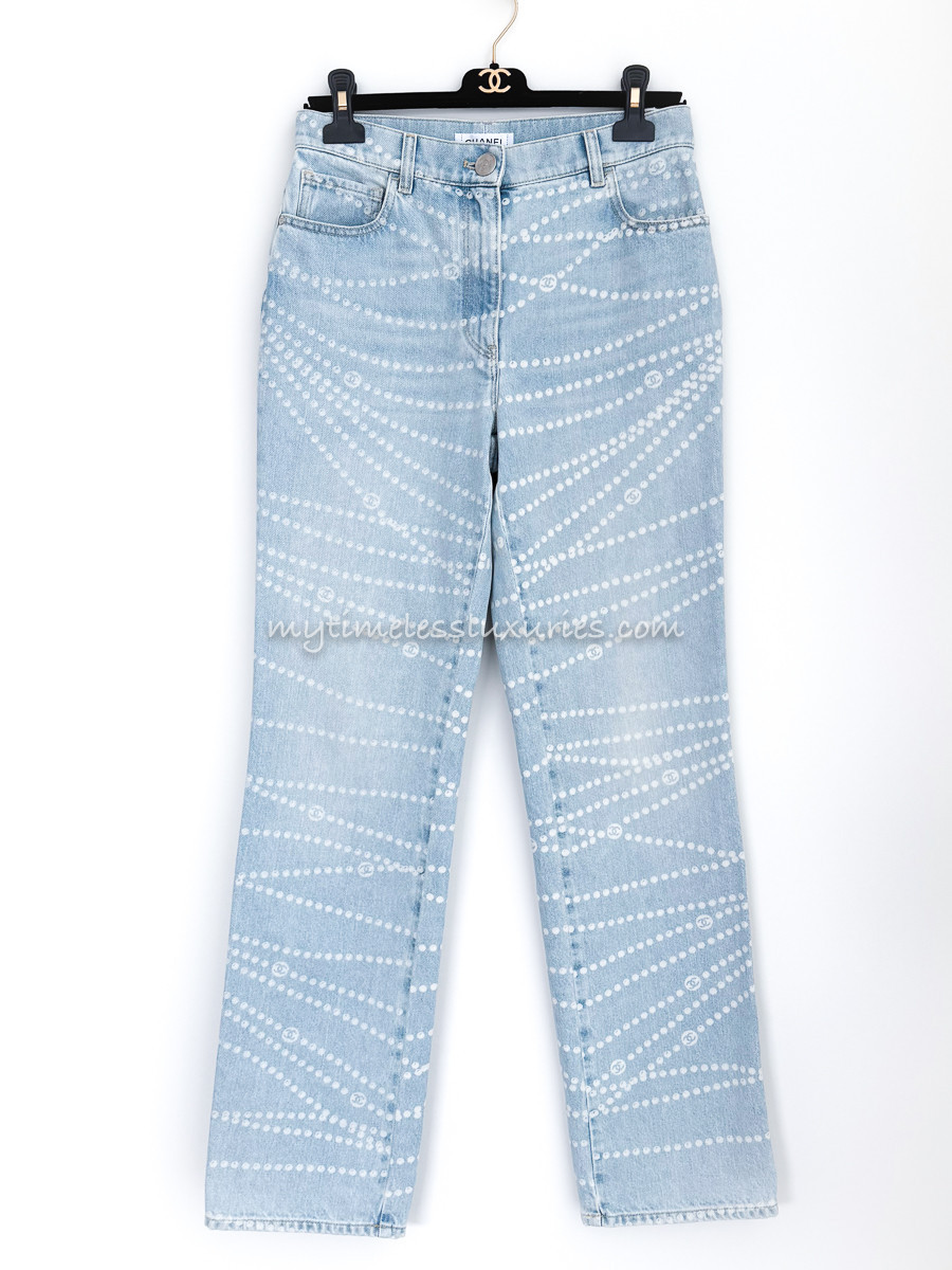 CHANEL 25P Pearl Print Jeans 38 Lt Blue