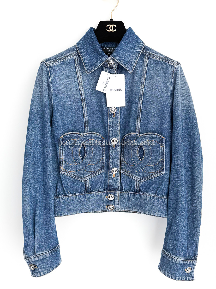 CHANEL 24P Denim Jacket CC Heart Pockets 34 *New