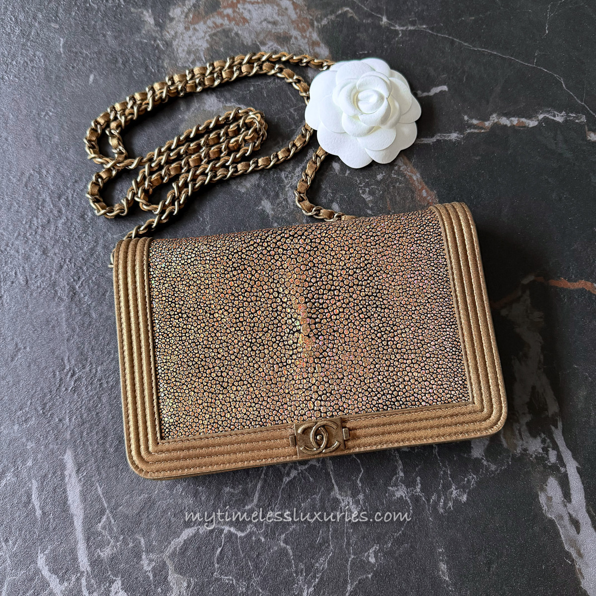 CHANEL Iridescent Gold Galuchat Stingray Boy WOC Wallet on Chain *New