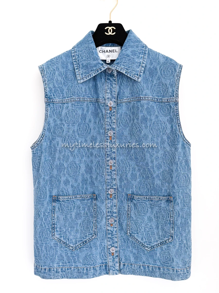 CHANEL 23P Camélia Denim Vest 34 - Timeless Luxuries