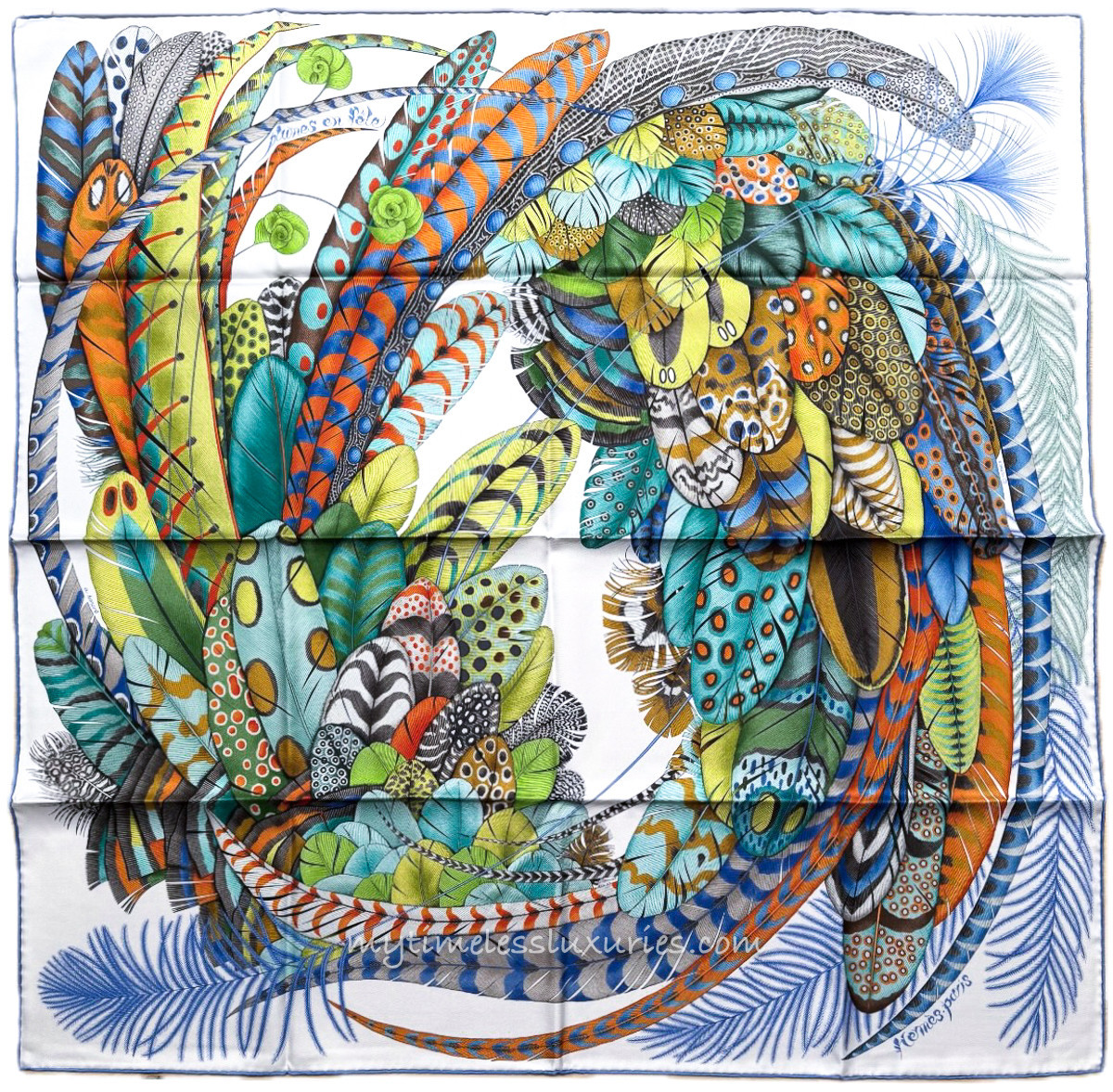 HERMES 'Plumes en Fete' Silk Twill 90 Scarf Blanc/ Turquoise  *New