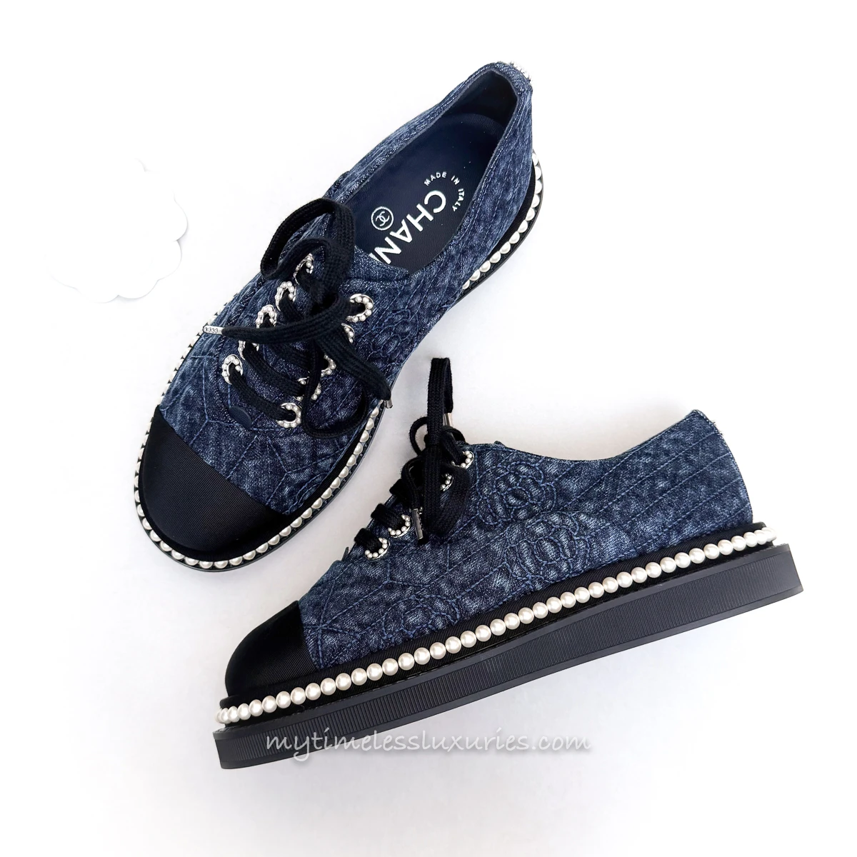 CHANEL Camelia Denim Lace Up Shoes Pearl Details 35 *New