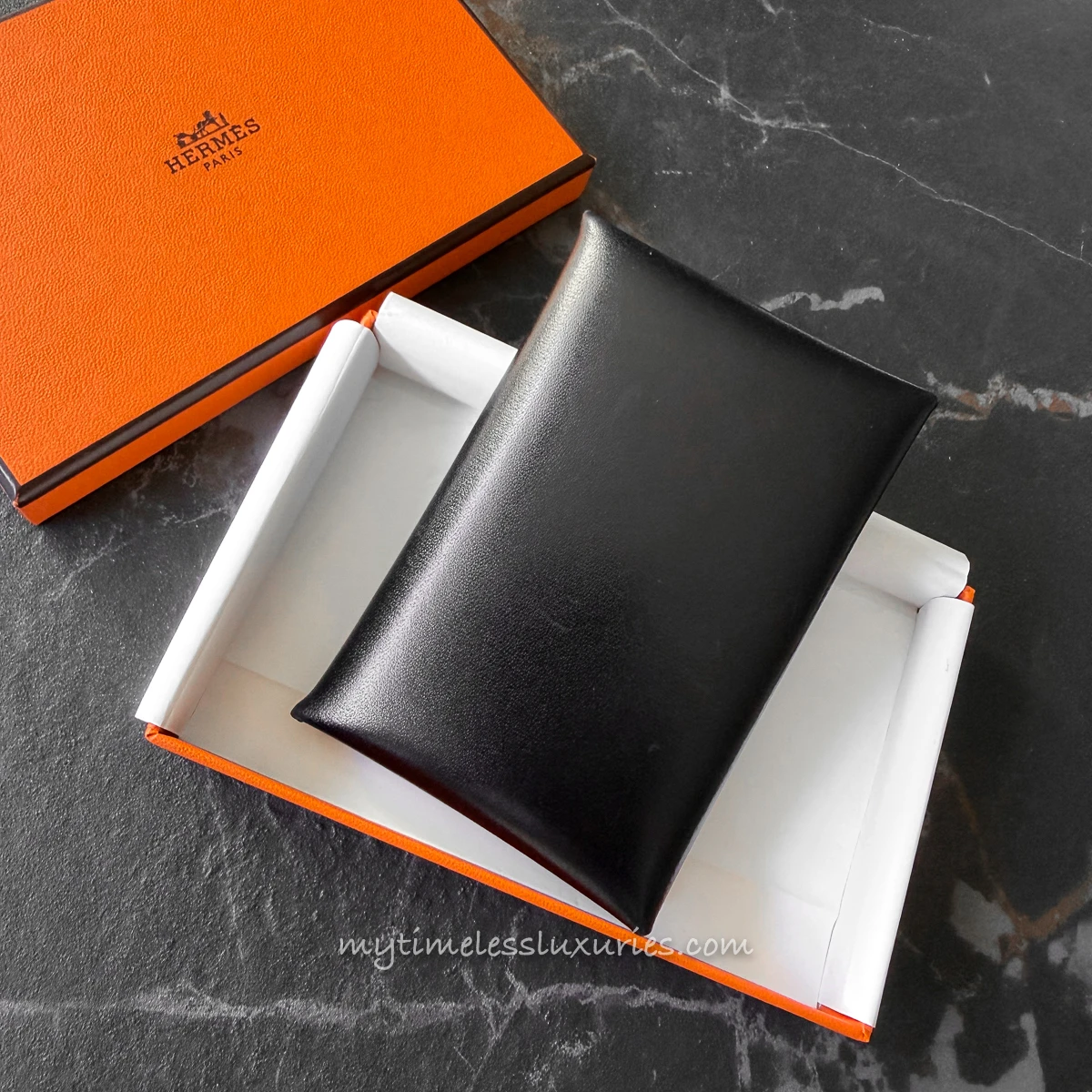 HERMES Calvi Card Holder Box Calf Noir