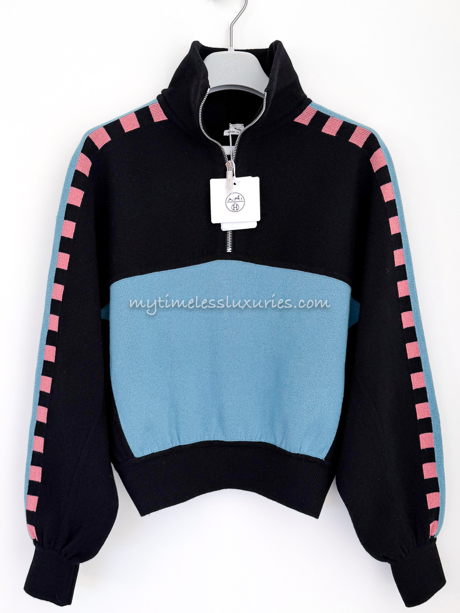 HERMES Lettres Equestres Cashmere Zipped Pullover 34 *New
