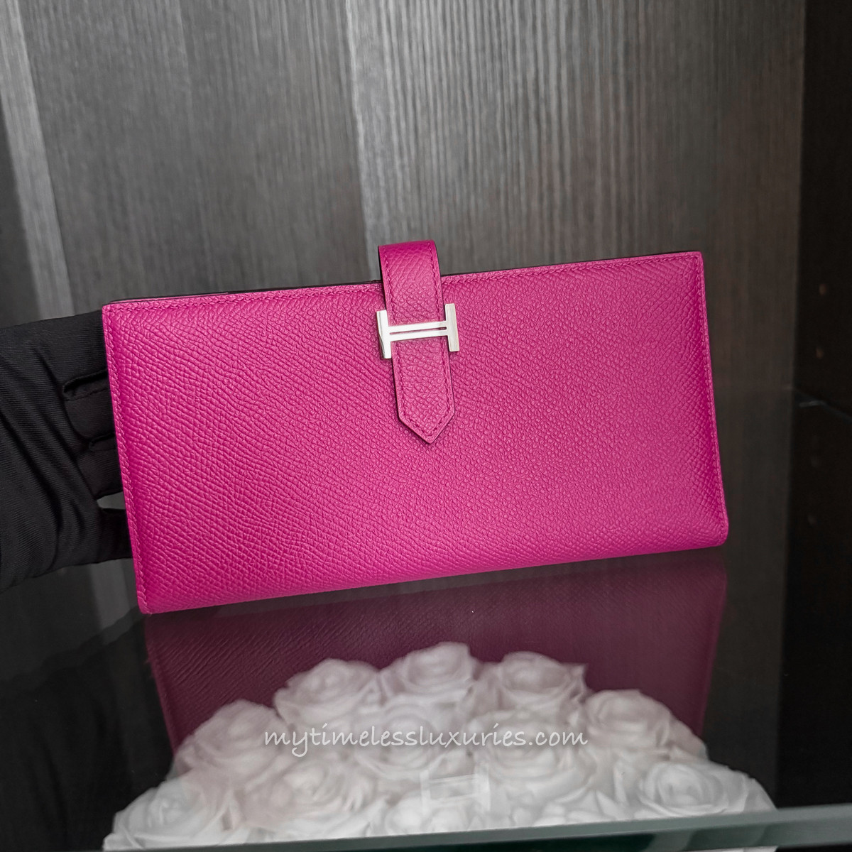 HERMES Rose Pourpre Epsom Bearn Soufflet Wallet