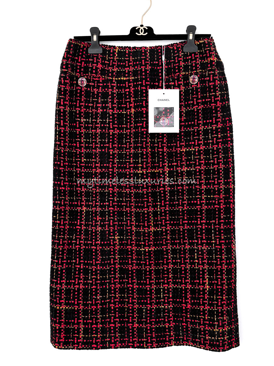 CHANEL 22A Metiers d'Art Logo Ribbon Tweed Midi Skirt 40 *New