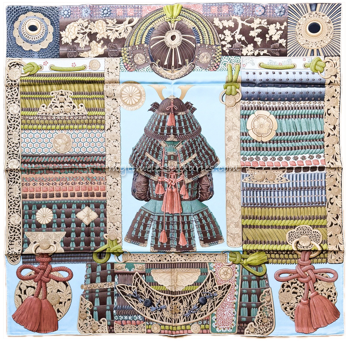 HERMES 'Parures de Samourais' Silk Twill 90 Scarf Bleu Ciel/ Vert/ Marron *New