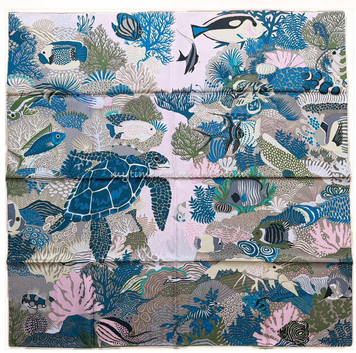 HERMES 'Under the Waves' by Alice Shirley Silk Scarf 90 Rose Pale/ Cobalt/ Gris *New