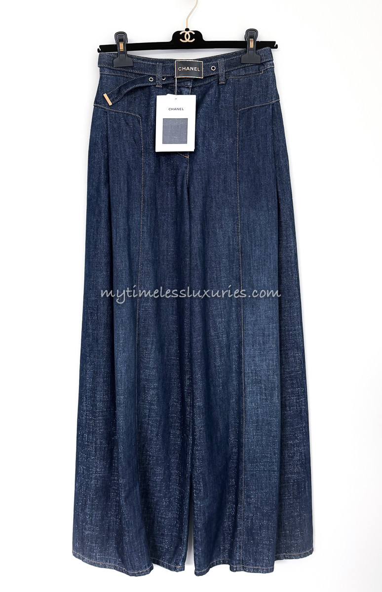 CHANEL 23S Wide Leg Denim Pants/ Jeans + Belt 34 *New
