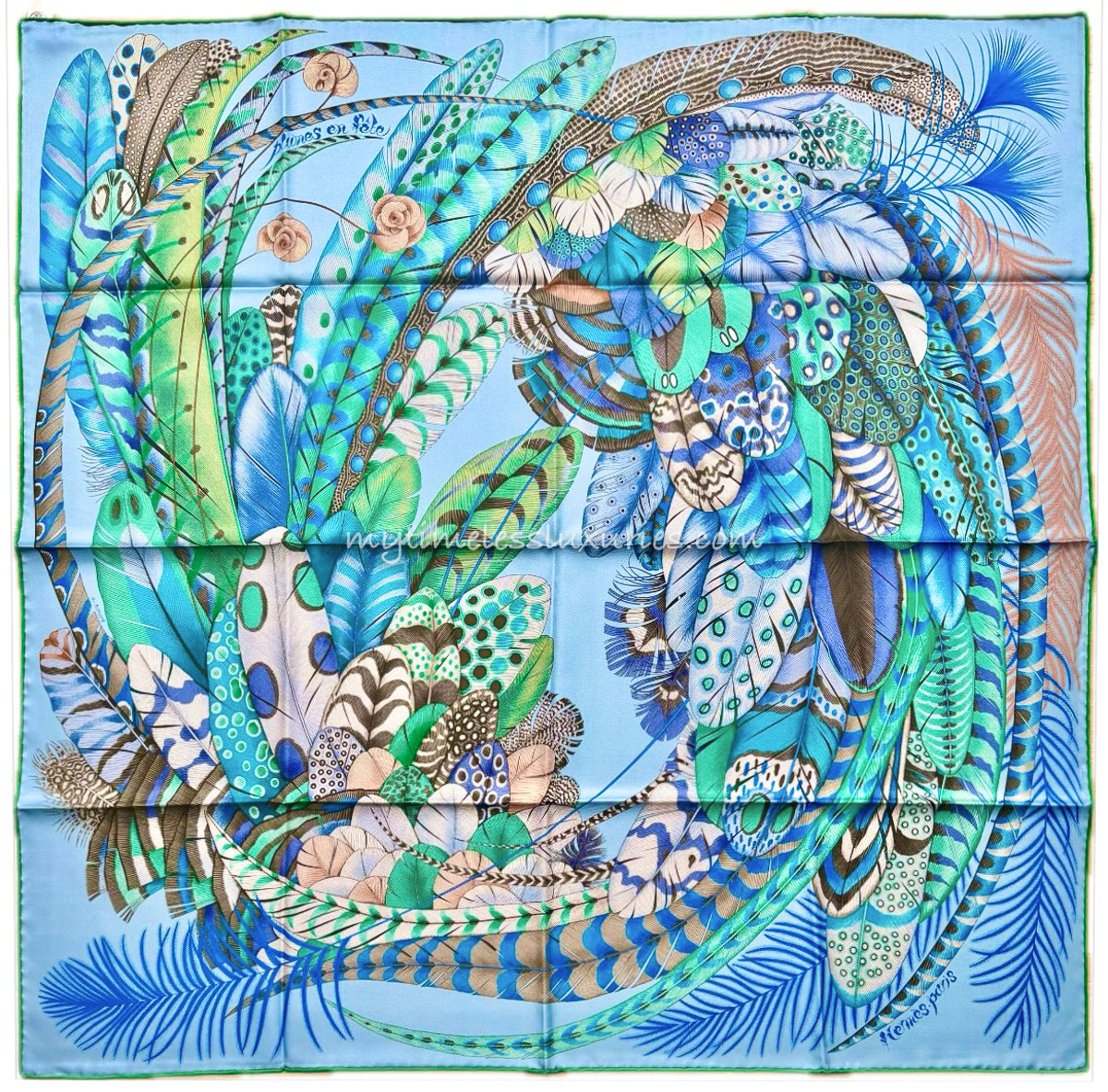 HERMES 'Plumes en Fete' Silk Twill 90 Scarf Ciel/ Vert/ Brun *New