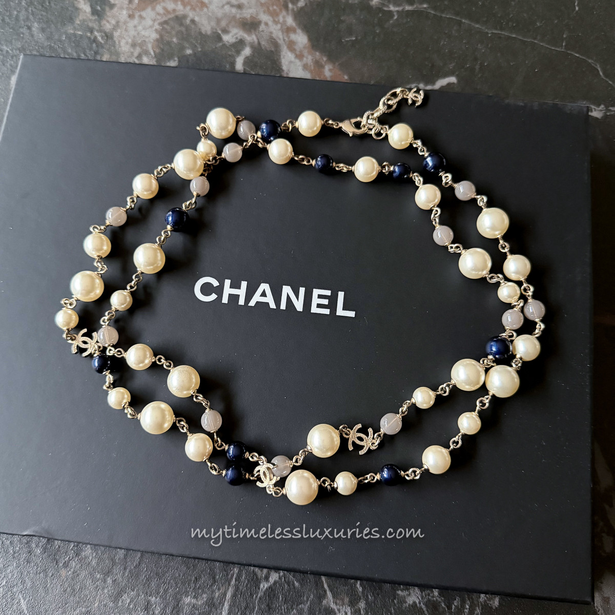 CHANEL CC Logo Pearl Long Necklace