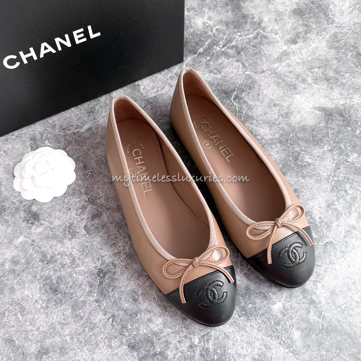 CHANEL Ballet Flats 35.5 Dk Beige/Black *New
