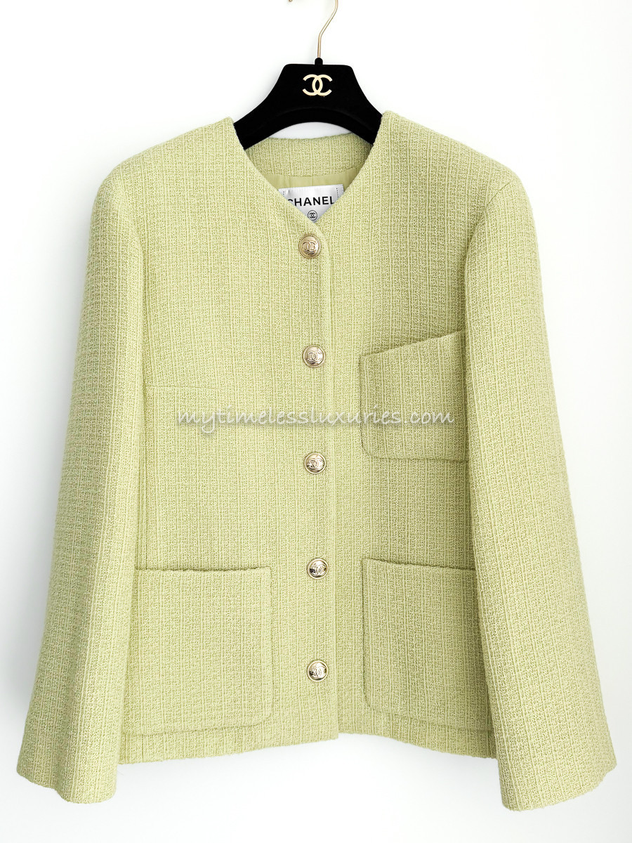 CHANEL 20K Runway Lt Green Tweed Jacket CC Buttons