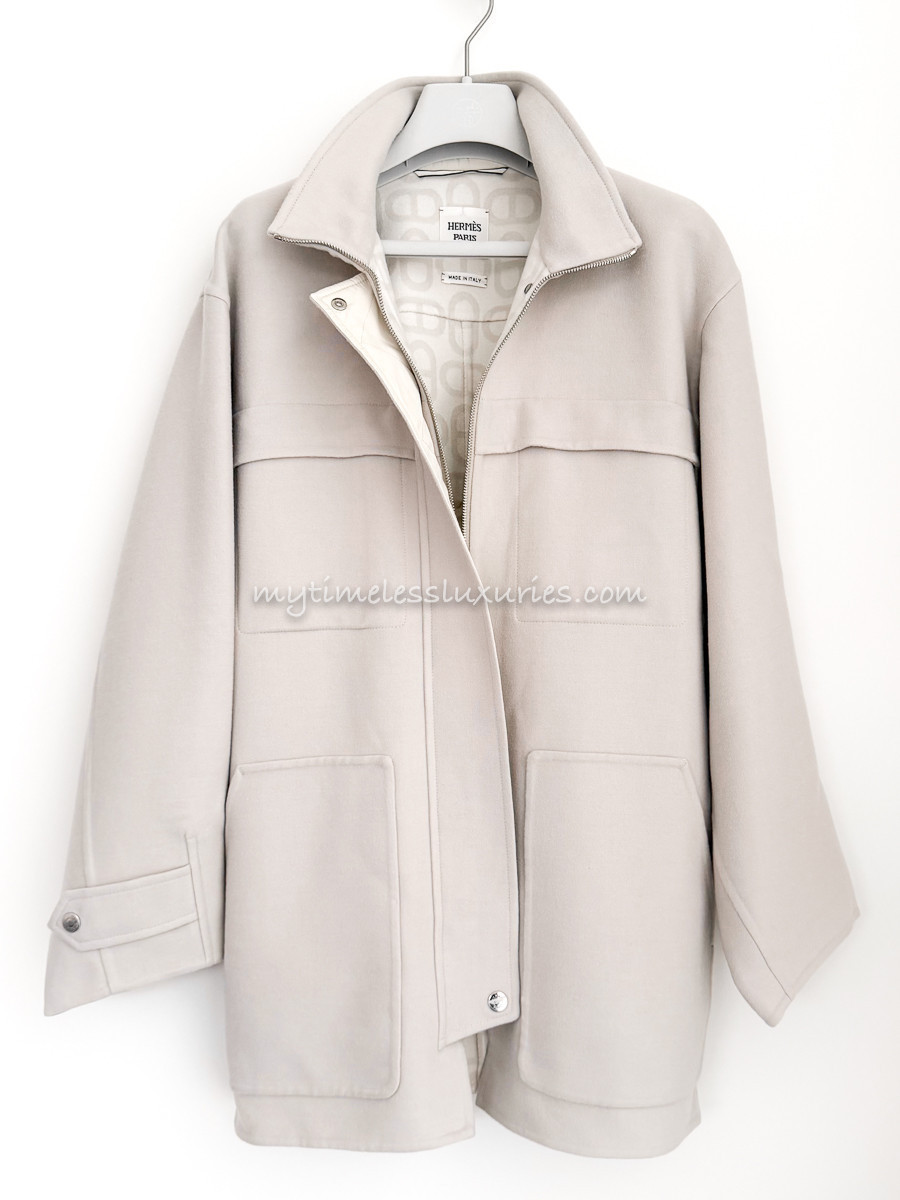 HERMES 2026 Cashmere Short Parka Coat 34 Blanc Sable *New