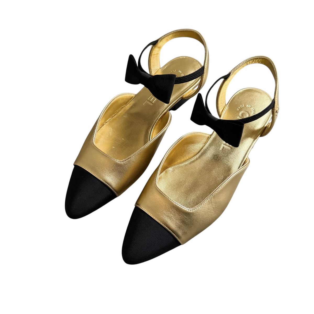 CHANEL 20A Mary Jane Bow Flat Gold/ Black 35.5 *New