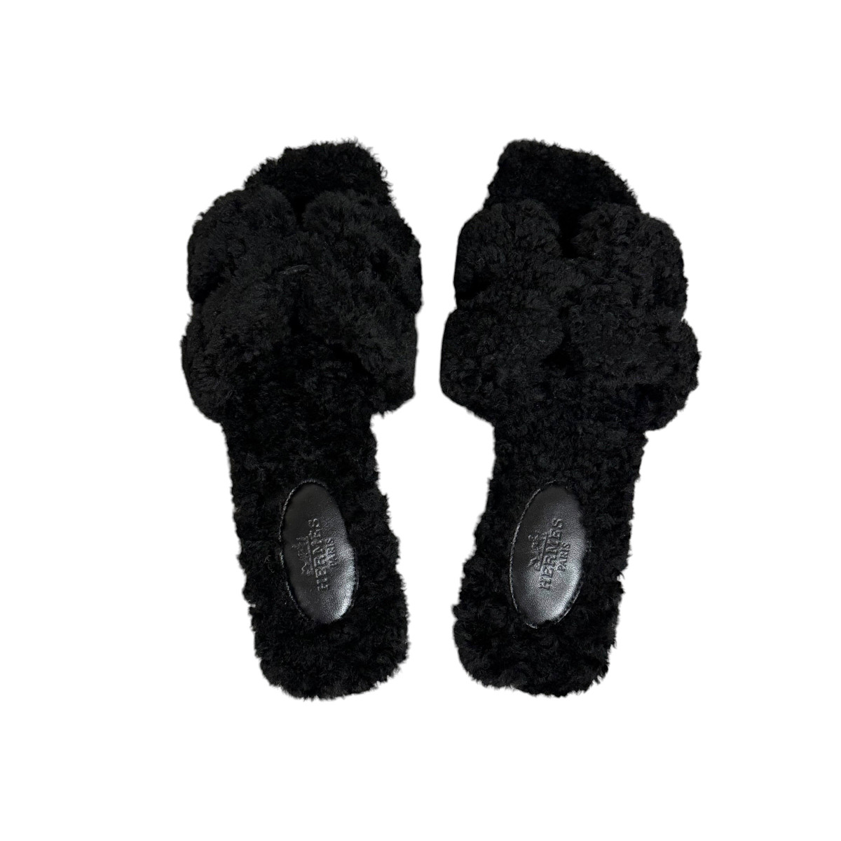 HERMES Oran Shearling Flat Sandals 35.5 Noir *New