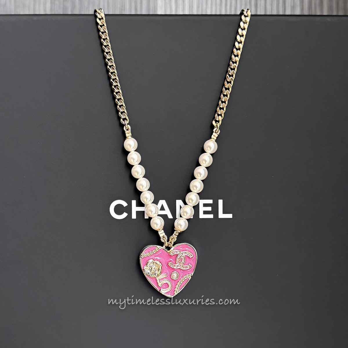 CHANEL 24S CC Logo Pink Heart Necklace Pearls & Crystals *New