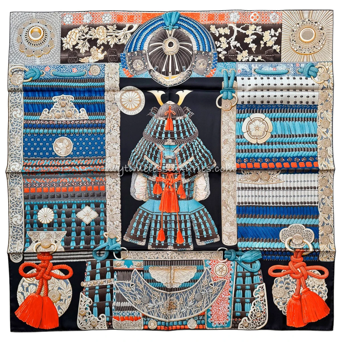 HERMES 'Parures de Samourais' Silk Twill 90 Scarf Ebene/ Bleu/ Orange *New