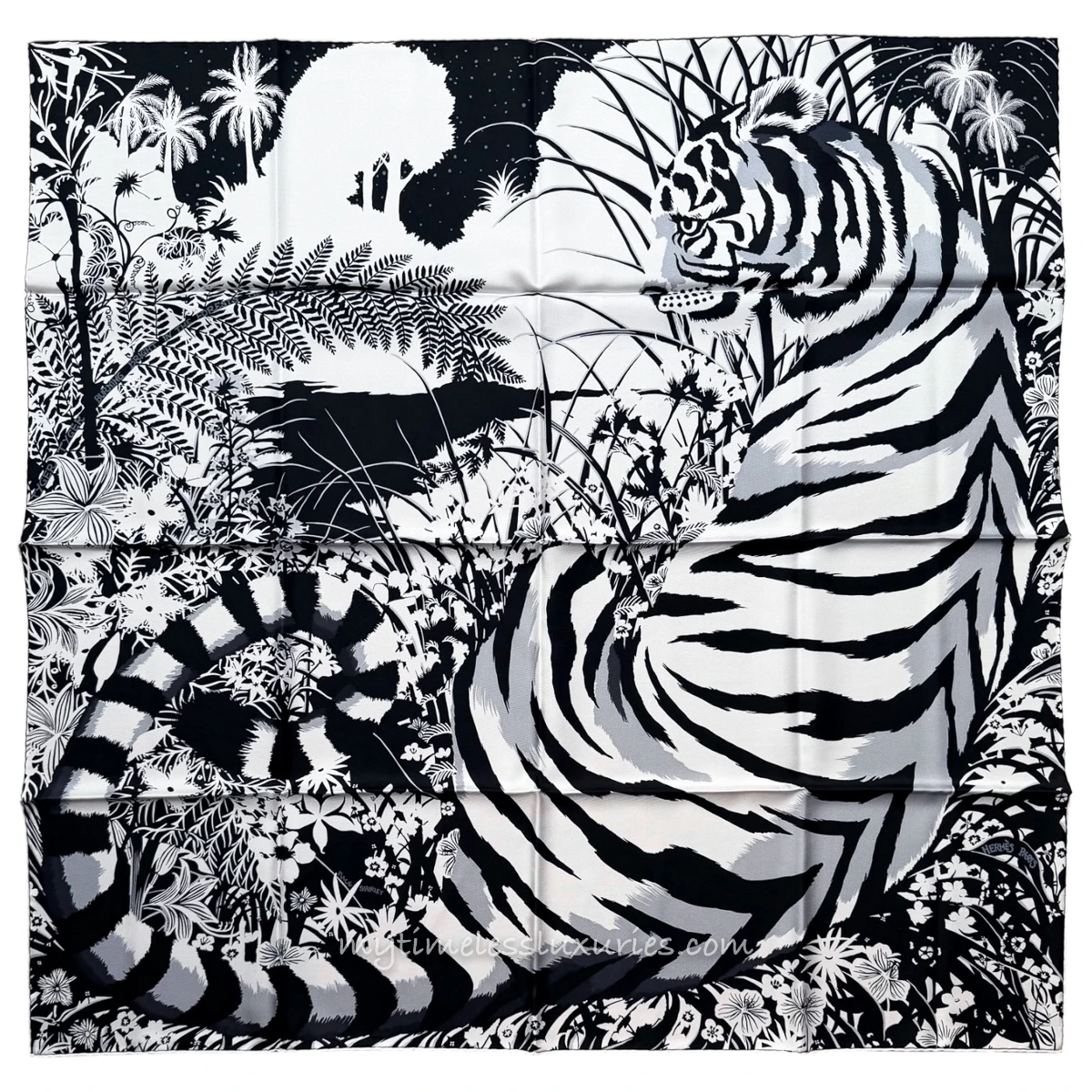 HERMES 'Tyger Tyger' Silk Twill 90 Scarf Noir/ Blanc/ Gris *New
