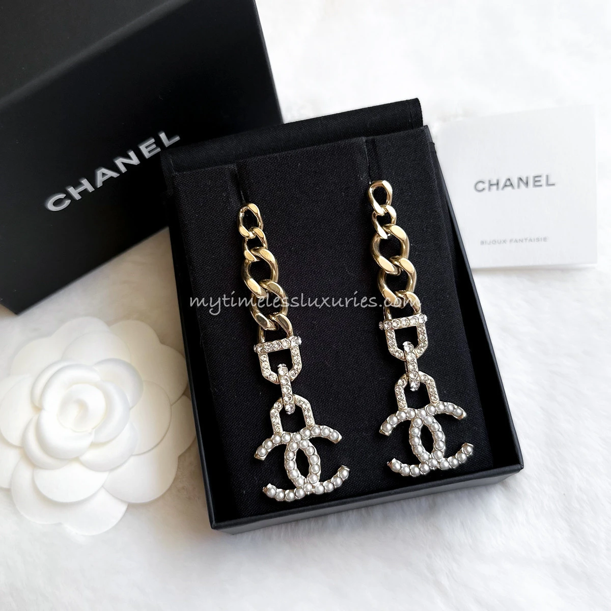 CHANEL Pearls & Strass Crystals Chain Link Earrings *New