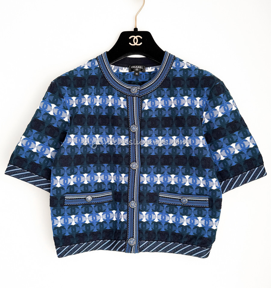 CHANEL 19P CC Short Sleeve Cropped Cardigan 36 Dk Blue