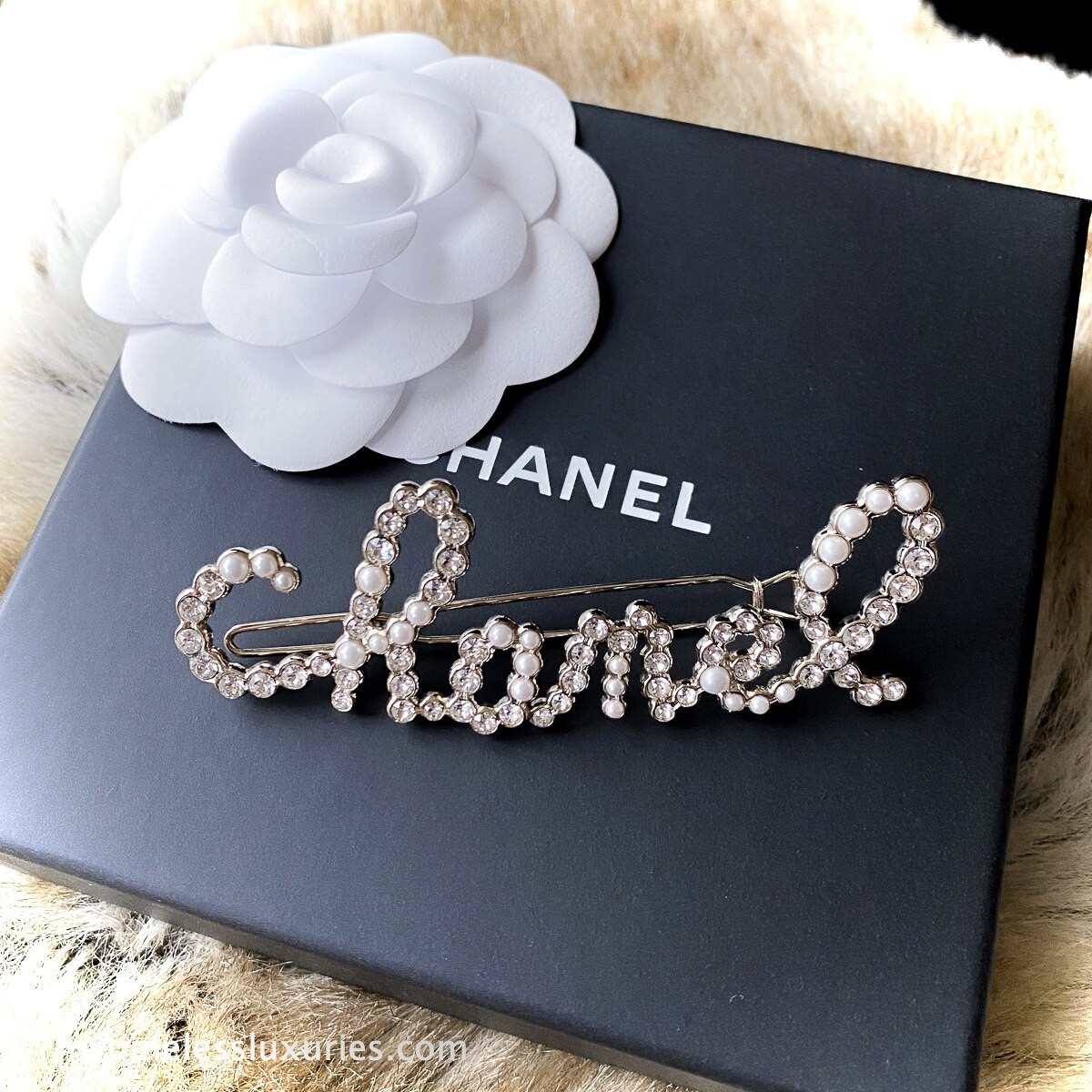 Chanel 19k Runway Script Barette Hair Clip Timeless Luxuries Check out our chanel hair accessories selection for the very best in unique or custom, handmade pieces from our barrettes & clips shops. chanel 19k runway script barette hair clip