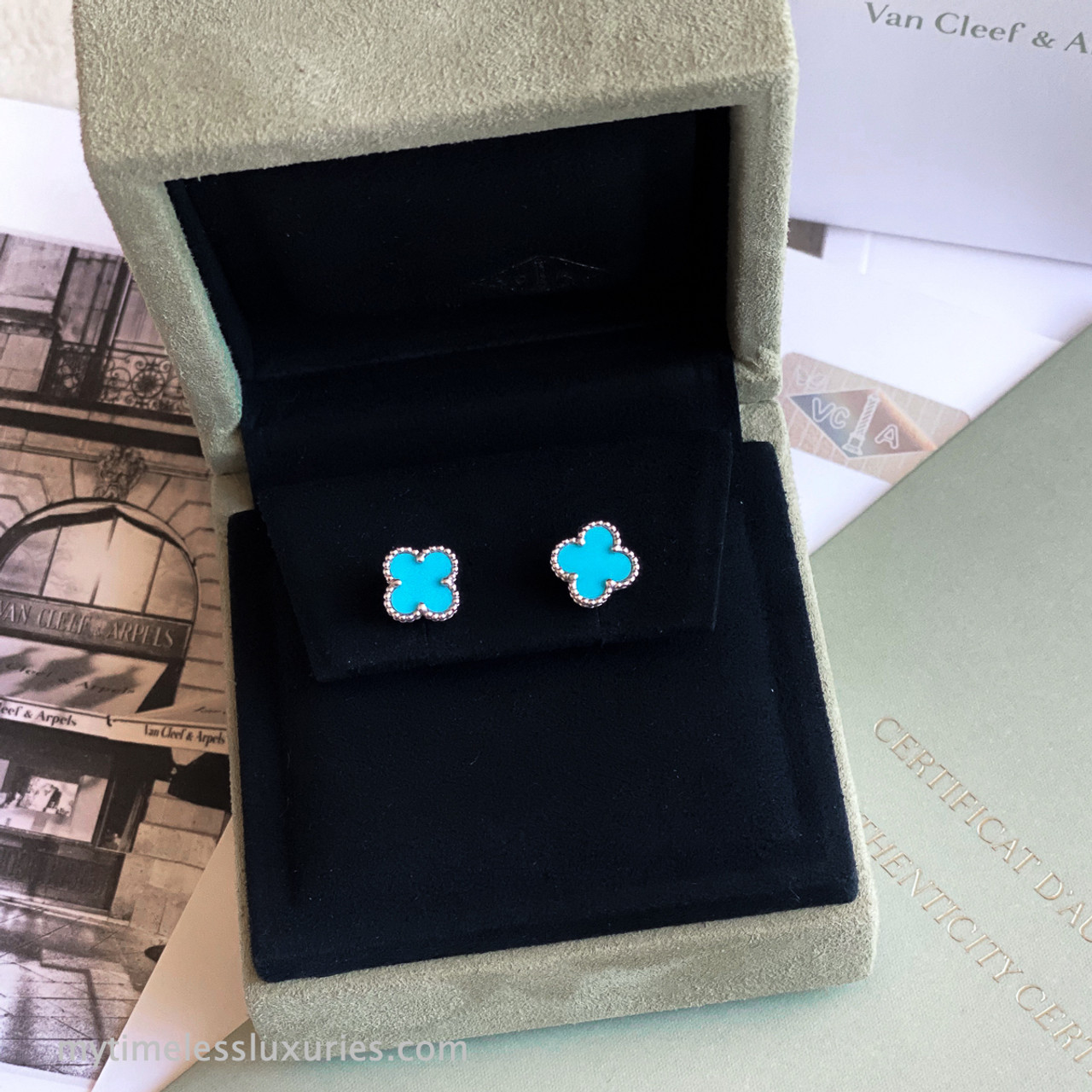 送料込♪【Van Cleef & Arpels】Sweet Alhambra ピアスTurquoise Sweet Alhambra earstuds 18K white gold, Turquoise- Van Cleef