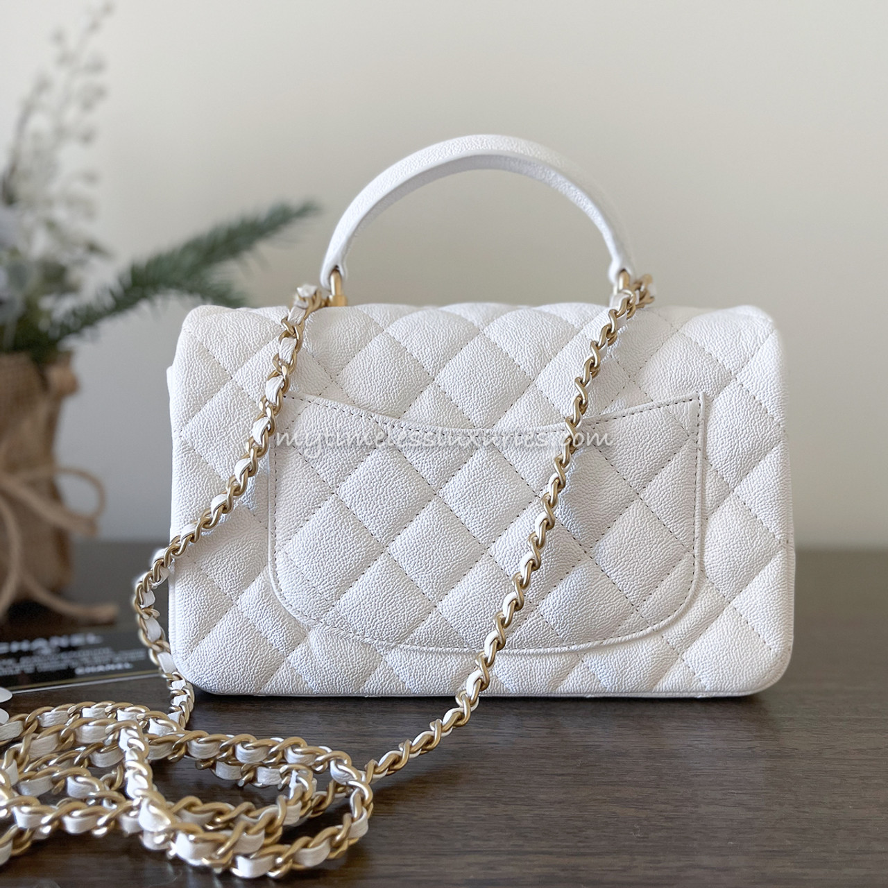 CHANEL 21S White Caviar Mini with Top Handle Aged Gold Hw - Timeless ...