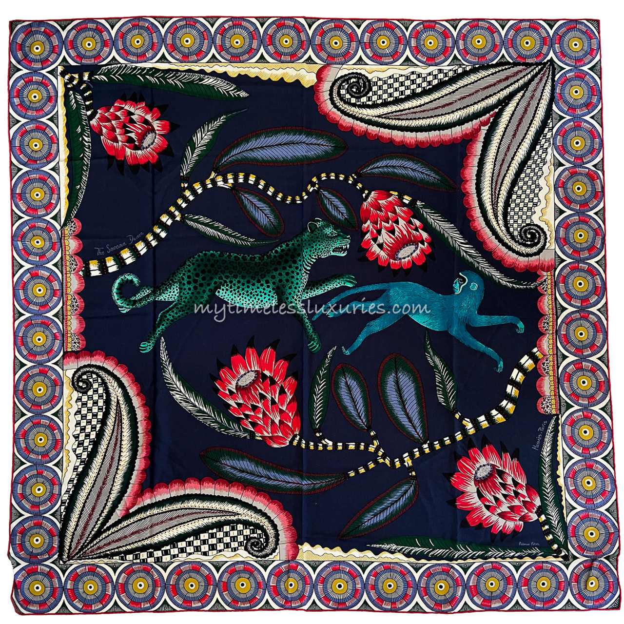 HERMES 'Savana Dance' Cashmere Silk Shawl 140 Marine/ Vert/ Corail -  Timeless Luxuries