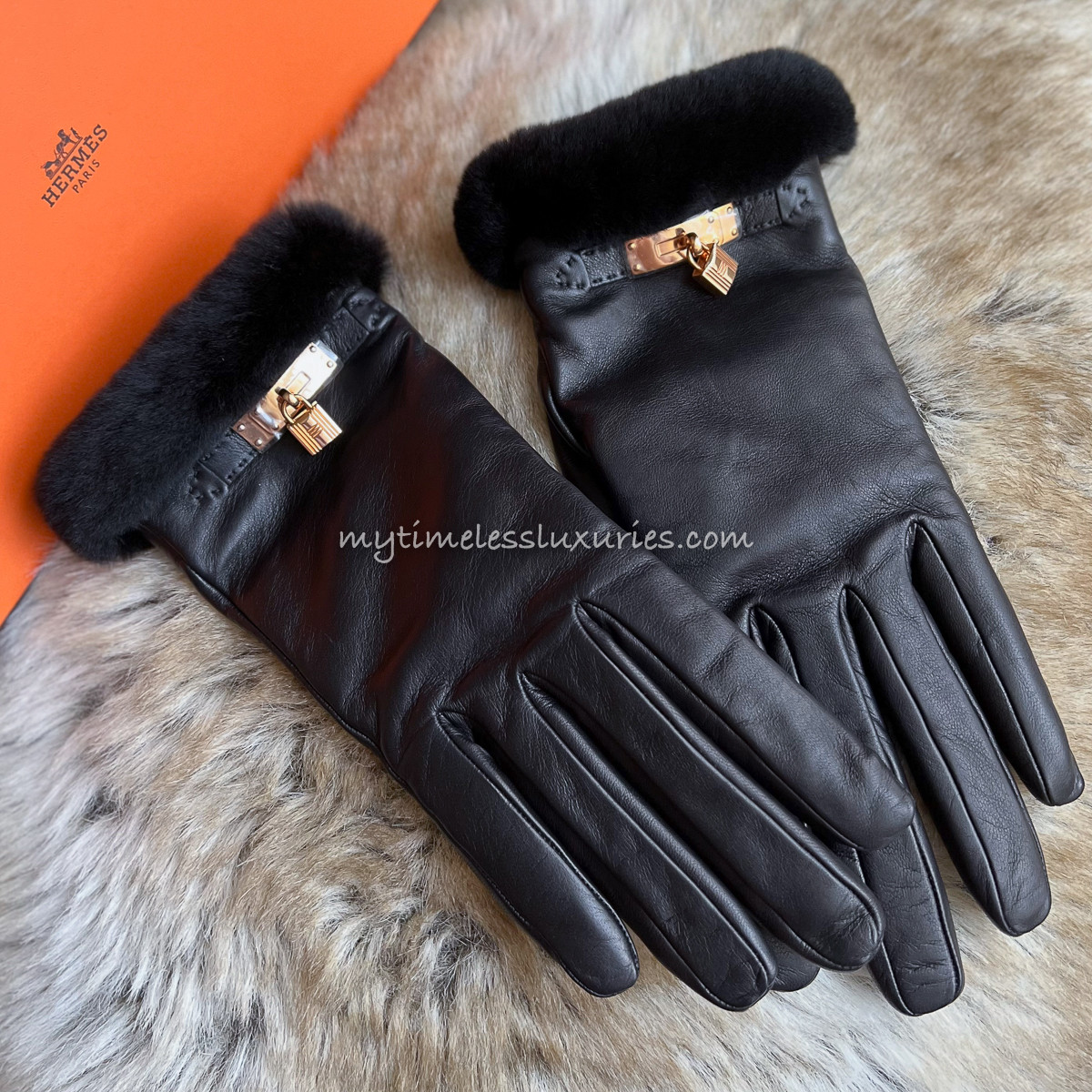 Hermes Leather Gold Medallion Gloves Black