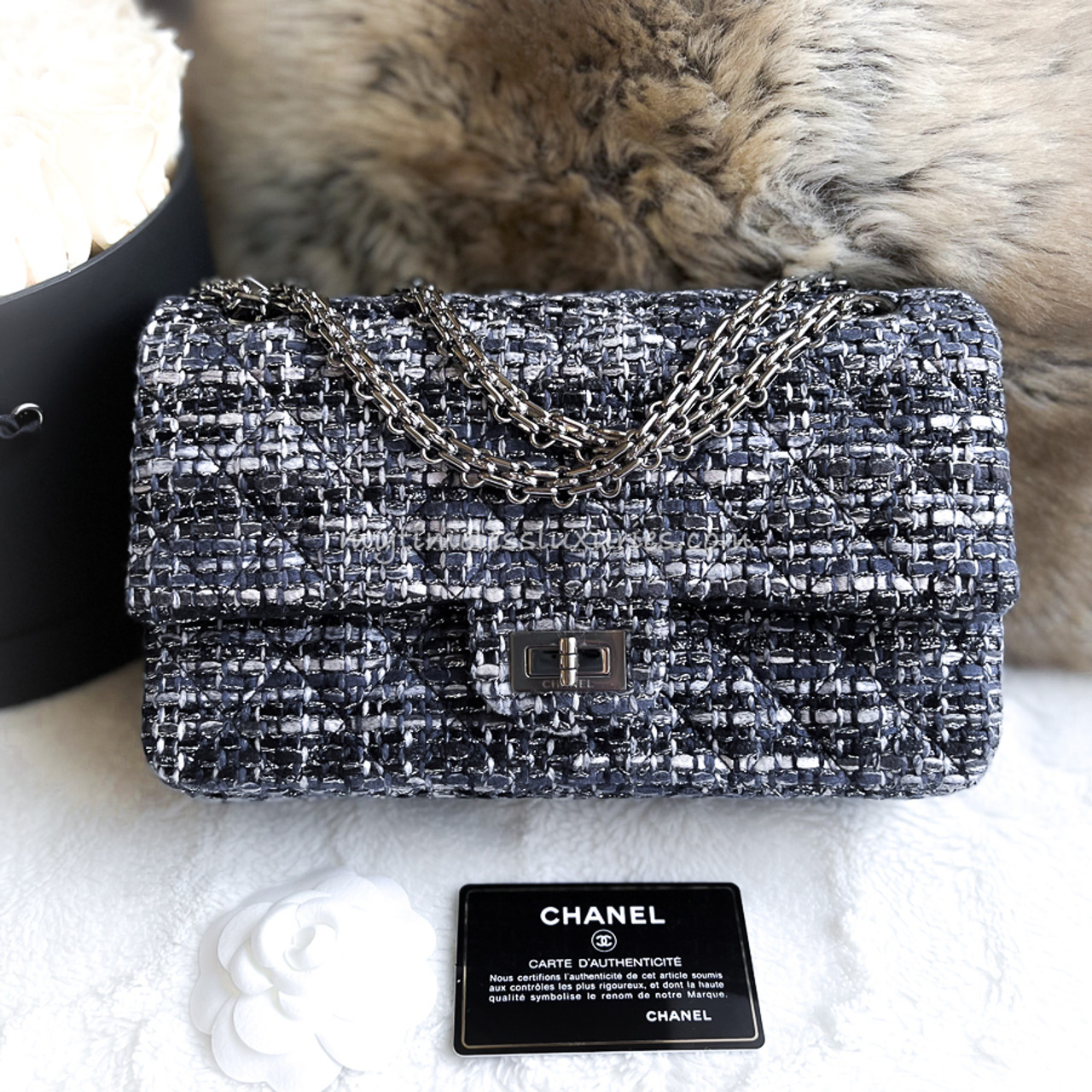 Mini flap bag Tweed resin  goldtone metal black white  navy blue   Fashion  CHANEL