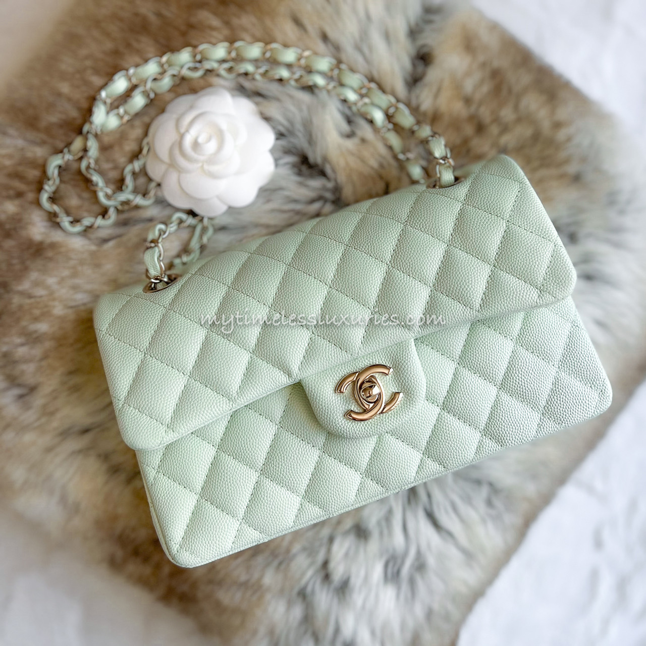 CHANEL 22C Mint Green Caviar Small Classic Flap LGHW *New